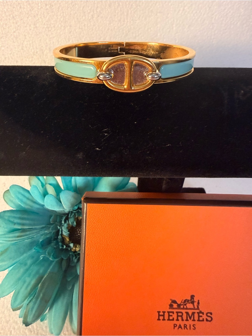 Hermes Aqua Farandole Clic - Gold-Tone Bracelet with Aqua Enamel